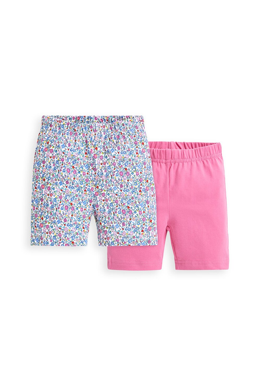 JoJo Maman Bebe, Set 2 perechi de pantaloni scurti, fete, uni si imprimeu floral, Roz/Alb/Albastru, Roz/Alb/Albastru, 74 CM