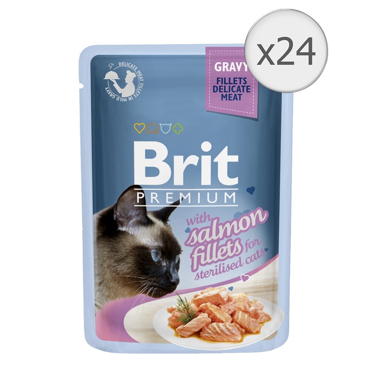 Hrana umeda pentru pisici Brit Premium Delicate Sterilised, Somon in Sos, 24x85g