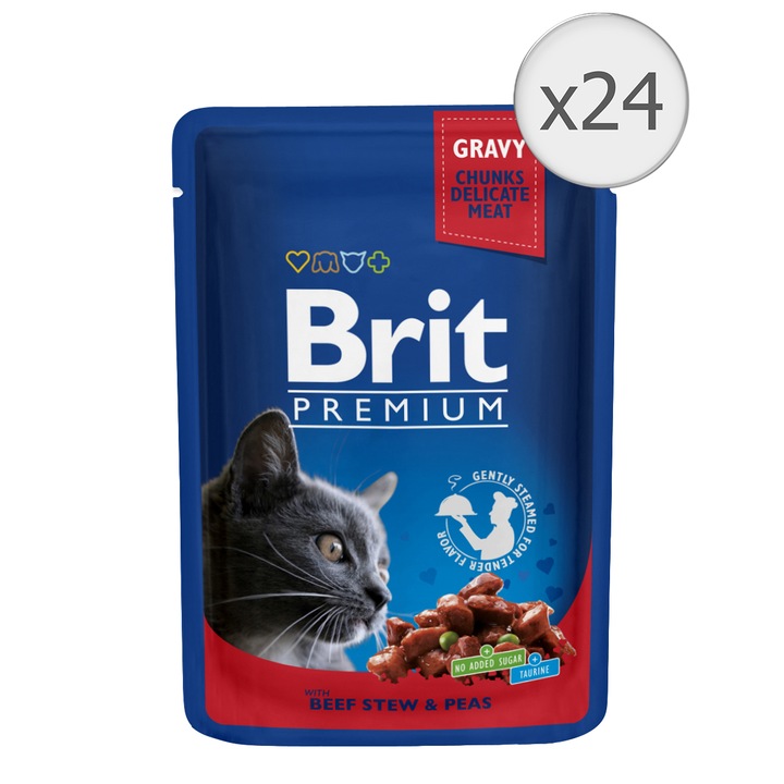 Brit Premium Cat alutasakos macskaeledel, Marha és zöldborsó, 24x 100 g