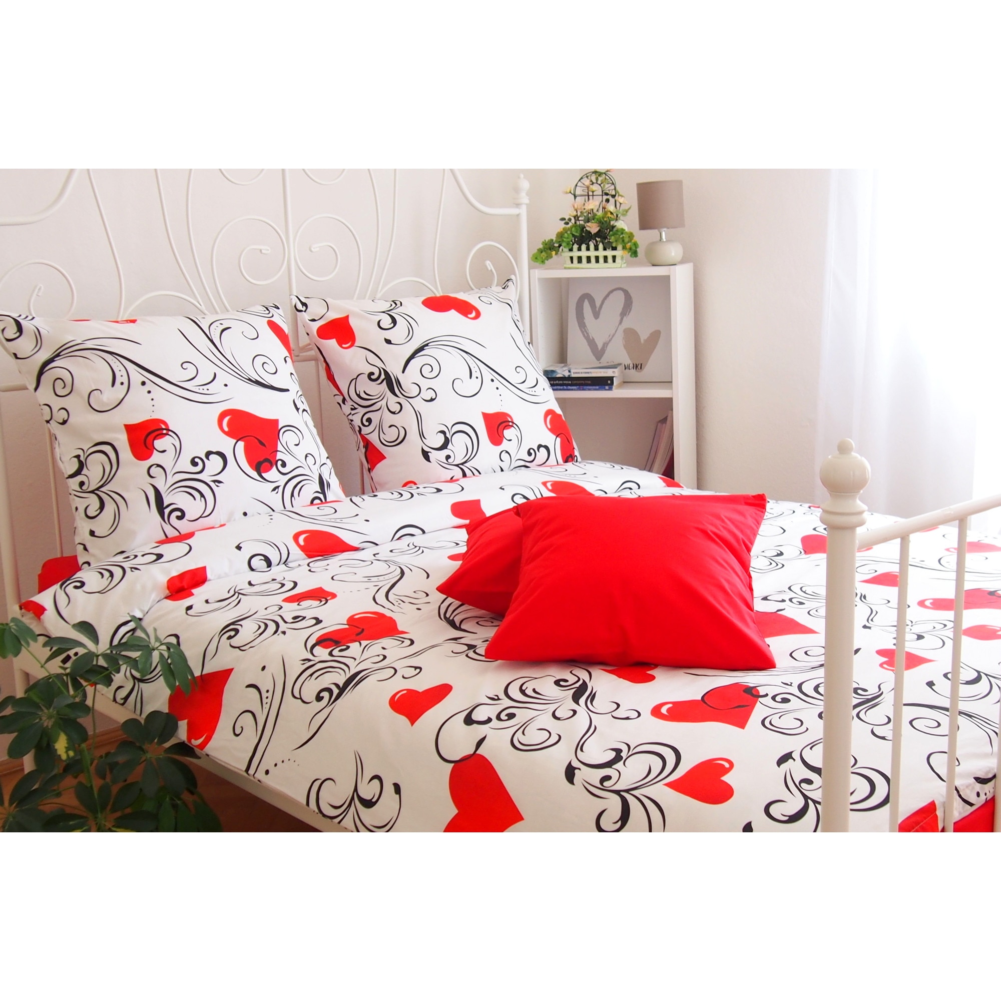 Lenjerie de pat, 6 piese, Partener Tex, pentru 2 persoane, din bumbac 100% Ranforce, Arabescuri rosii