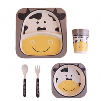 Set de masa si tacamuri pentru copii din fibra de bambus, FizioTab® Kids - Farfurie 2 compartimente, cana, bol, furculita si lingurita, serviciu de masa bebe, set hranire 5 piese, vesela mic dejun, pranz, cina, Vacuta