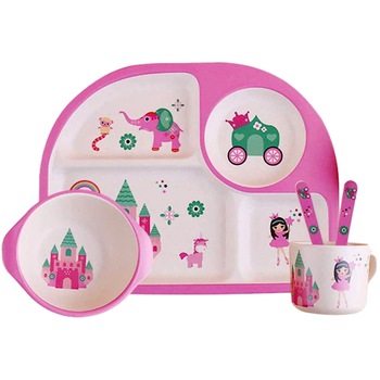 Set de masa si tacamuri pentru copii din fibra de bambus, FizioTab® Kids - Farfurie 4 compartimente, cana, bol, furculita si lingurita, serviciu de masa bebe, set hranire 5 piese, vesela mic dejun, pranz, cina, Castel Set de masa si tacamuri pentru copii din fibra de bambus, FizioTab® Kids - Farfurie 4 compartimente, cana, bol, furculita si lingurita, serviciu de masa bebe, set hranire 5 piese, vesela mic dejun, pranz, cina, Castel