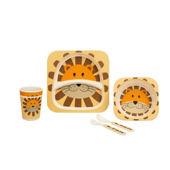 Set de masa si tacamuri pentru copii din fibra de bambus, FizioTab® Kids - Farfurie 2 compartimente, cana, bol, furculita si lingurita, serviciu de masa bebe, set hranire 5 piese, vesela mic dejun, pranz, cina, Leu Set de masa si tacamuri pentru copii din fibra de bambus, FizioTab® Kids - Farfurie 2 compartimente, cana, bol, furculita si lingurita, serviciu de masa bebe, set hranire 5 piese, vesela mic dejun, pranz, cina, Leu