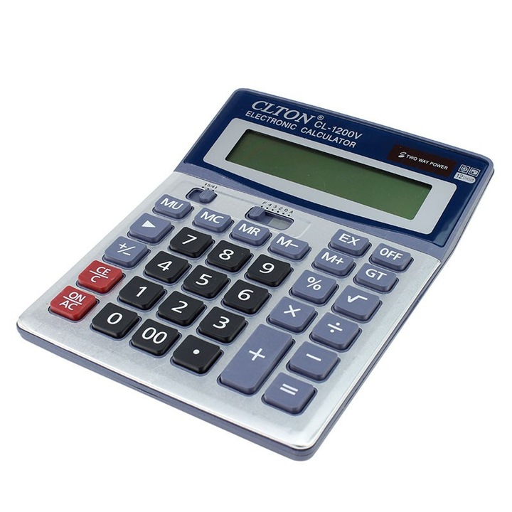 Calculator, de birou, albastru, 12 digiti, alimentare duala, afisaj mare