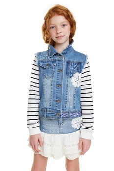 DESIGUAL, Jacheta din denim cu maneci contrastante, Albastru/Alb, 140 CM DESIGUAL, Jacheta din denim cu maneci contrastante, Albastru/Alb, 140 CM