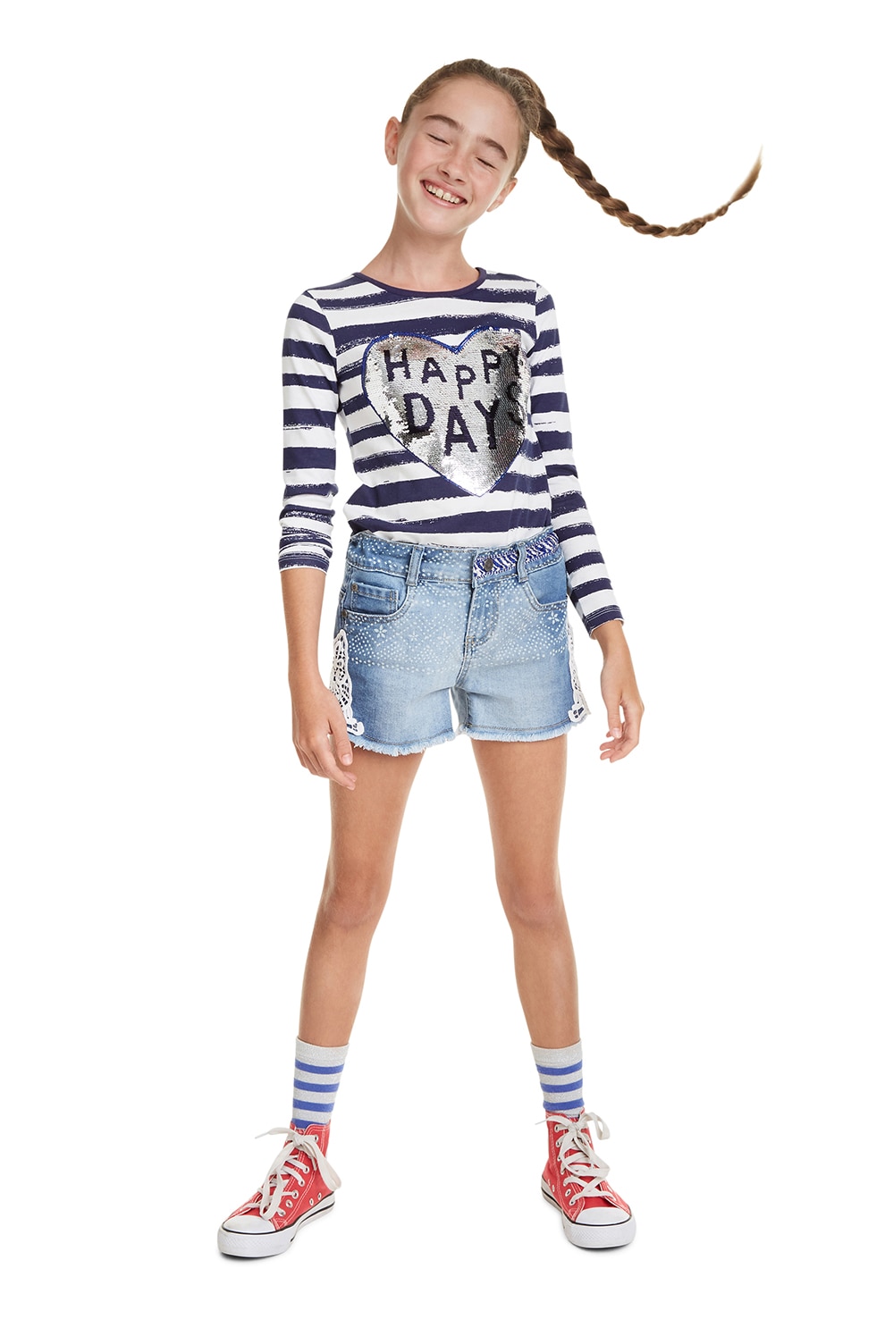 DESIGUAL, Pantaloni scurti de denim, cu garnituri crosetate, Bleu, 116 CM