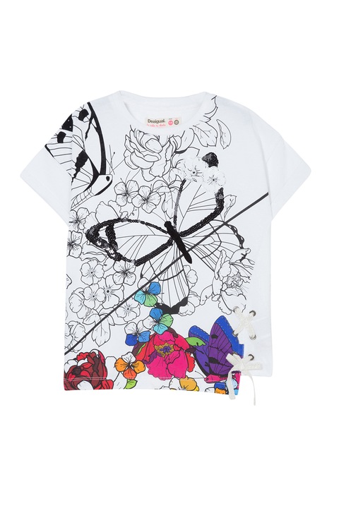 DESIGUAL, Póló virágos és pillangós nyomott mintával, Fehér