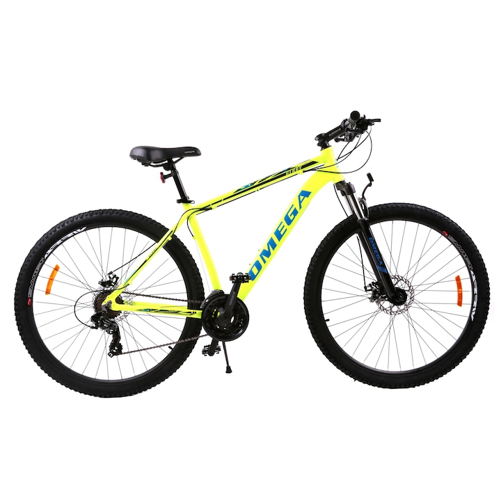 Bicicleta MTB 29" Omega Gerry, cadru aluminiu, frane pe disc mecanice, galben/albastru