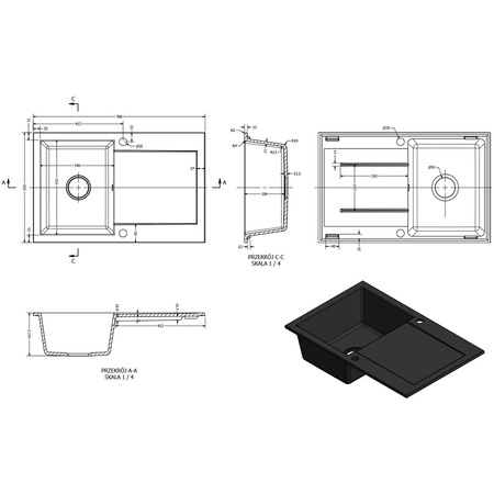 Pachet chiuveta granit Alveus Moko 30 + baterie Alveus Tonia, 786x505x197 mm, sifon pop up, negru