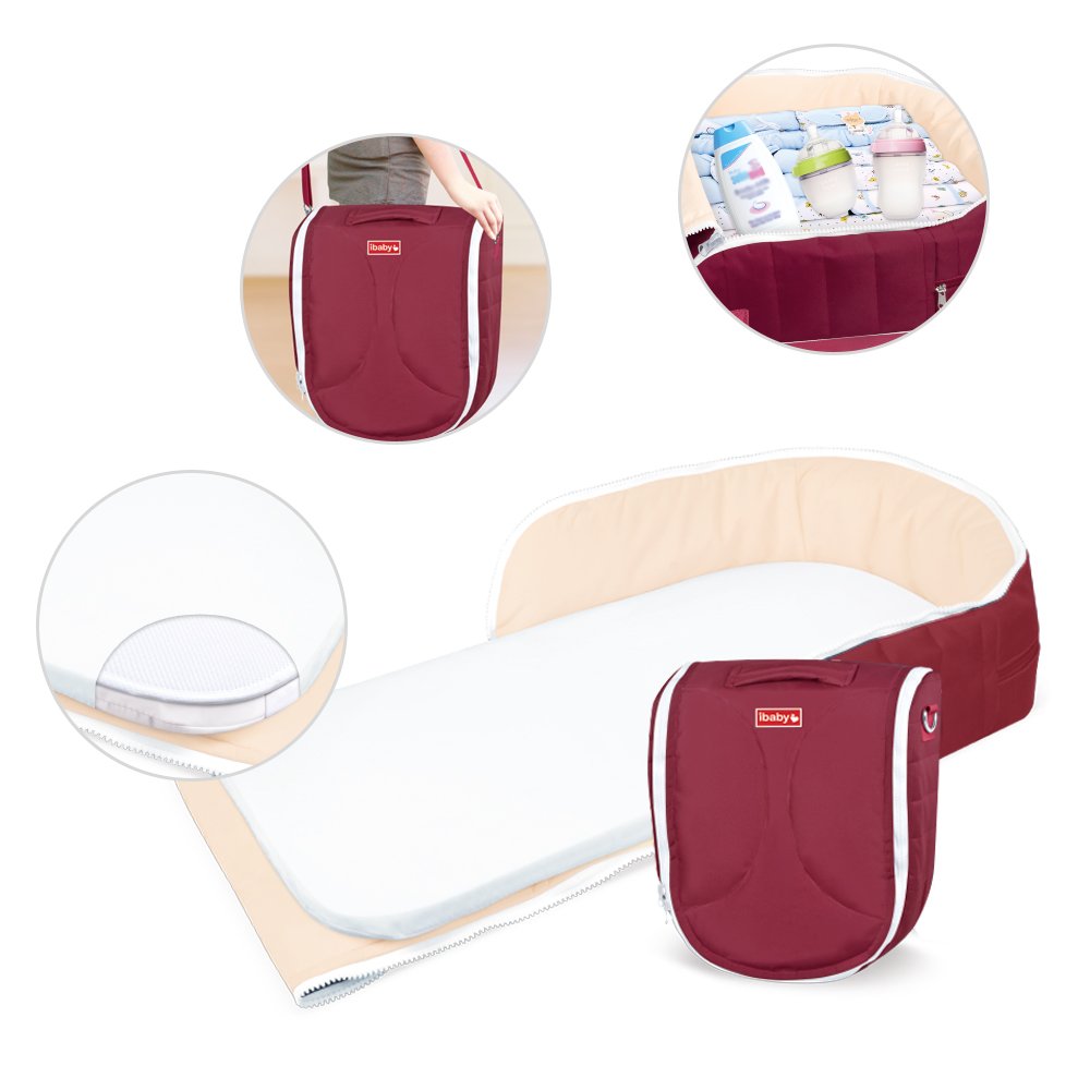 Patut portabil pentru bebelusi, iBaby, stil geanta, Visiniu, cu salteluta inclusa