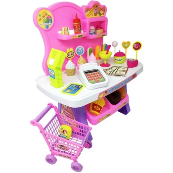 Set de joaca Supermarket cu Carucior de Cumparaturi, Scaner, Bancnote, P.O.S., 86 Piese, Sunete si Lumini Set de joaca Supermarket cu Carucior de Cumparaturi, Scaner, Bancnote, P.O.S., 86 Piese, Sunete si Lumini