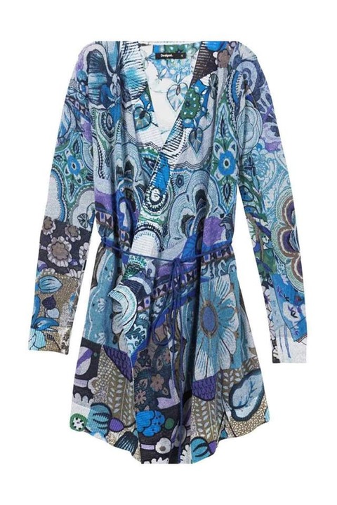 Pulover dama, Desigual, cu imprimeu abstract, Listen, Albastru