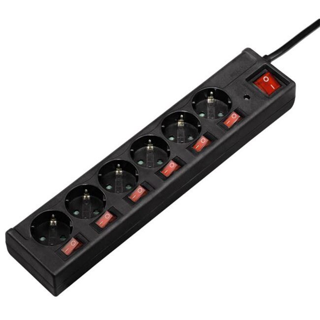 HAMA 121946 splitter 6 prize, intrerupatoare individuale, 1,4 m, negru, HAMA-121946