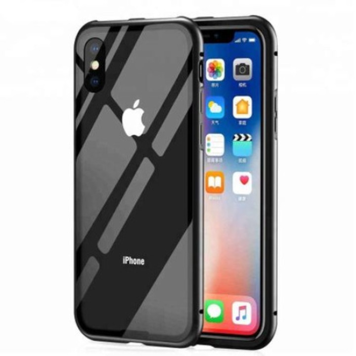 Apple iPhone XS MAX mágneses tok, 360 fokos fekete, tökéletesen illeszkedik, prémium biztonsági üveg hátlappal