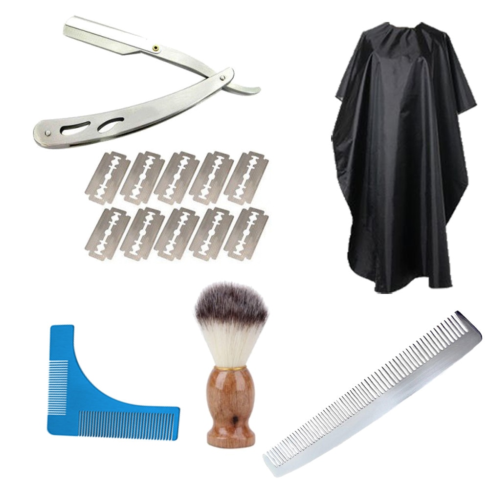Set complet ingrijire barba barber cu brici otel inoxidabil 10 lame tuns piaptan metal manta