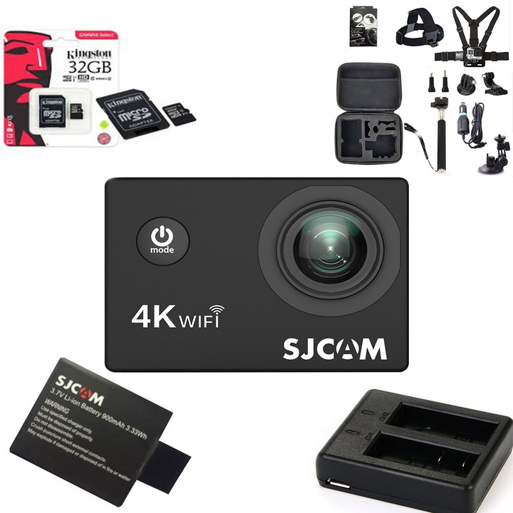 Комплект екшън камера + Аксесоари SJCAM SJ4000 AIR 4K WiFi Starter Kit, 4K x22FPS, 2.7K x30 FPS , 2 инчов дисплей, WiFi, воден кейс, аксесоари