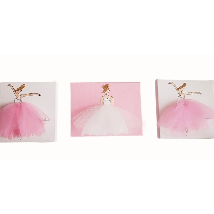 Set tablouri 3D, 3 piese , Printese balerine in alb si roz, cu fusta de tulle ,25X25 cm si 25x20 cm