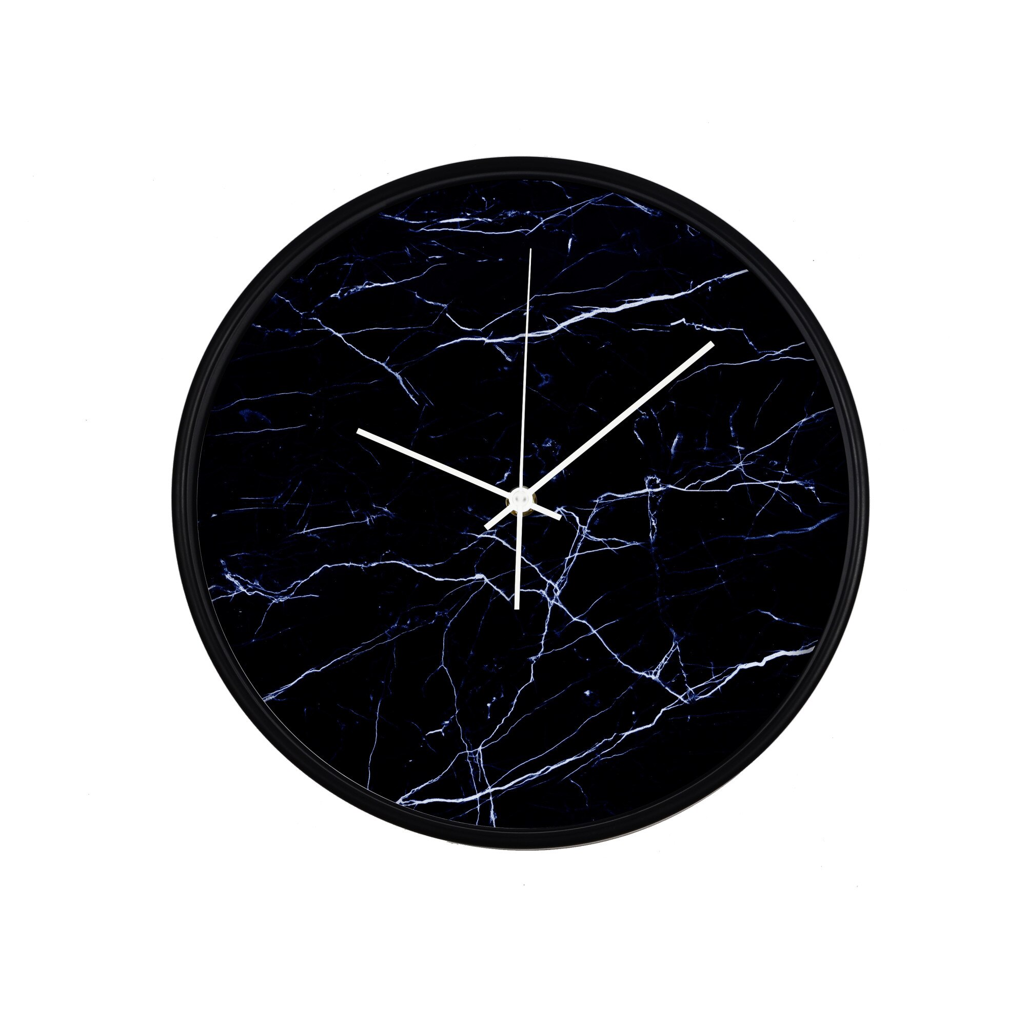 Ceas perete, produs DekoStore, pentru birou, living sau showroom, cu mecanism silentios, Close-up marmura neagra, diametru 30 cm, rama neagra din plastic