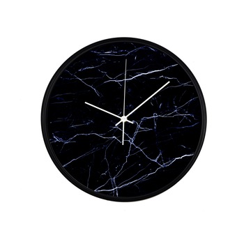 Ceas perete, produs DekoStore, pentru birou, living sau showroom, cu mecanism silentios, Close-up marmura neagra, diametru 30 cm, rama neagra din plastic Ceas perete, produs DekoStore, pentru birou, living sau showroom, cu mecanism silentios, Close-up marmura neagra, diametru 30 cm, rama neagra din plastic