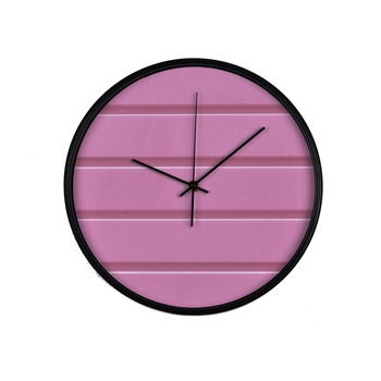Ceas perete, produs DekoStore, pentru birou, living sau showroom, cu mecanism silentios, Aspect de tabla cutata roz, diametru 30 cm, rama neagra din plastic Ceas perete, produs DekoStore, pentru birou, living sau showroom, cu mecanism silentios, Aspect de tabla cutata roz, diametru 30 cm, rama neagra din plastic