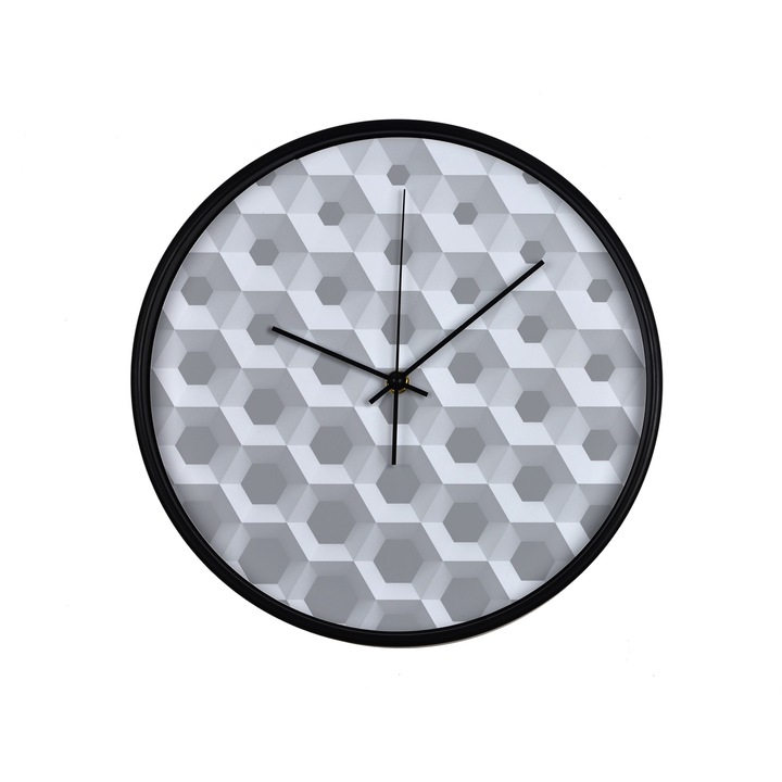 Ceas perete, produs DekoStore, pentru birou, living sau showroom, cu mecanism silentios, Ilustrare 3D fagure, diametru 30 cm, rama neagra din plastic