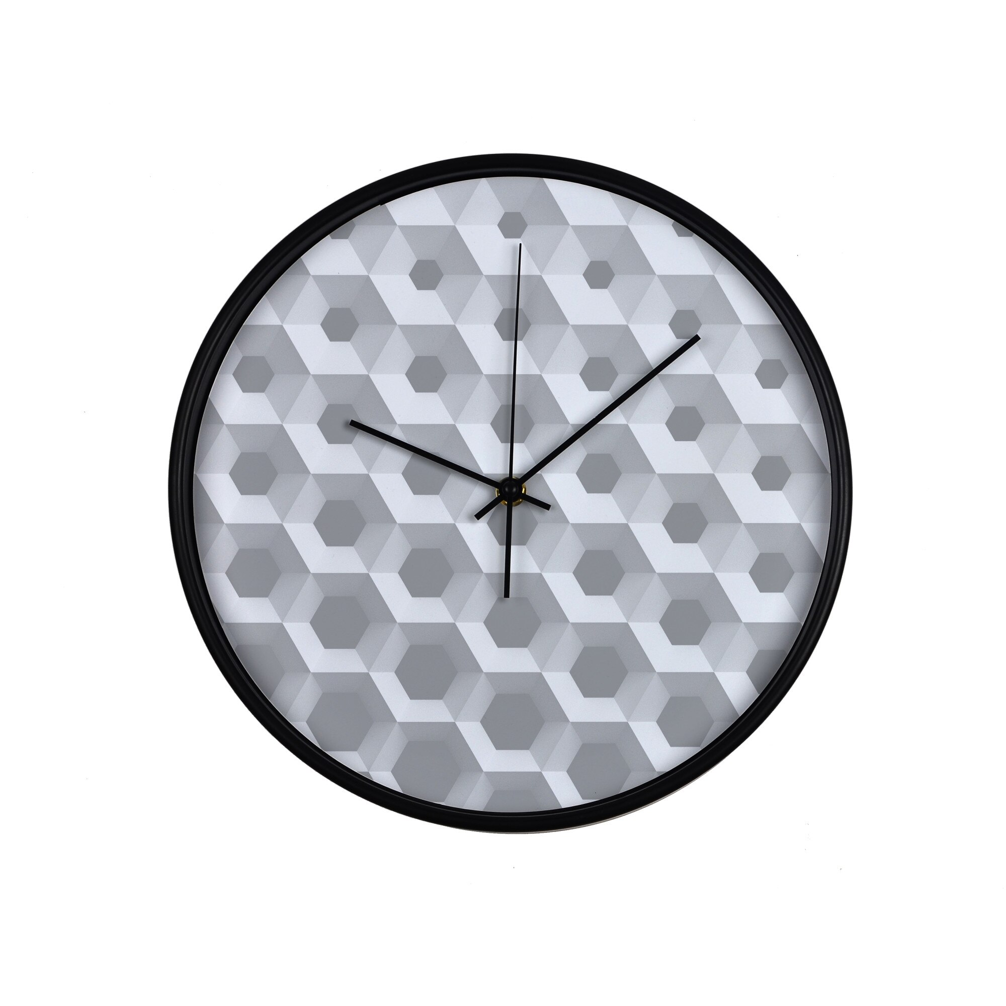 Ceas perete, produs DekoStore, pentru birou, living sau showroom, cu mecanism silentios, Ilustrare 3D fagure, diametru 30 cm, rama neagra din plastic