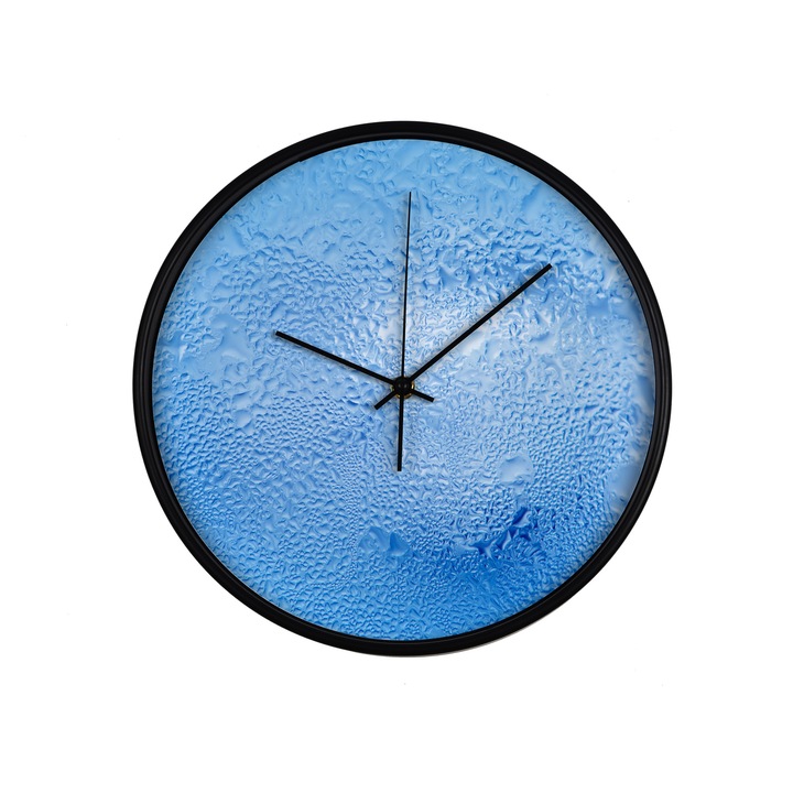 Ceas perete, produs DekoStore, pentru birou, living sau showroom, cu mecanism silentios, Picaturi de apa inghetata pe sticla, diametru 30 cm, rama neagra din plastic