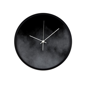 Ceas perete, produs DekoStore, pentru birou, living sau showroom, cu mecanism silentios, Ceata densa in noapte, diametru 30 cm, rama neagra din plastic Ceas perete, produs DekoStore, pentru birou, living sau showroom, cu mecanism silentios, Ceata densa in noapte, diametru 30 cm, rama neagra din plastic
