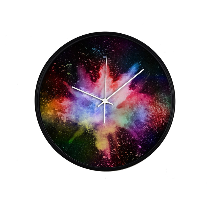 Ceas perete, produs DekoStore, pentru birou, living sau showroom, cu mecanism silentios, Explozie de prafuri colorate, diametru 30 cm, rama neagra din plastic