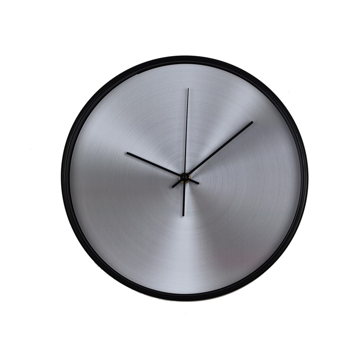 Ceas perete, produs DekoStore, pentru birou, living sau showroom, cu mecanism silentios, Radial gray, diametru 30 cm, rama neagra din plastic