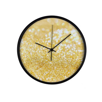 Ceas perete, produs DekoStore, pentru birou, living sau showroom, cu mecanism silentios, Sclipire auriu cu efect bokeh, diametru 30 cm, rama neagra din plastic Ceas perete, produs DekoStore, pentru birou, living sau showroom, cu mecanism silentios, Sclipire auriu cu efect bokeh, diametru 30 cm, rama neagra din plastic