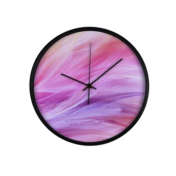 Ceas perete, produs DekoStore, pentru birou, living sau showroom, cu mecanism silentios, Pene pufoase si colorate, cu efect bokeh, diametru 30 cm, rama neagra din plastic Ceas perete, produs DekoStore, pentru birou, living sau showroom, cu mecanism silentios, Pene pufoase si colorate, cu efect bokeh, diametru 30 cm, rama neagra din plastic