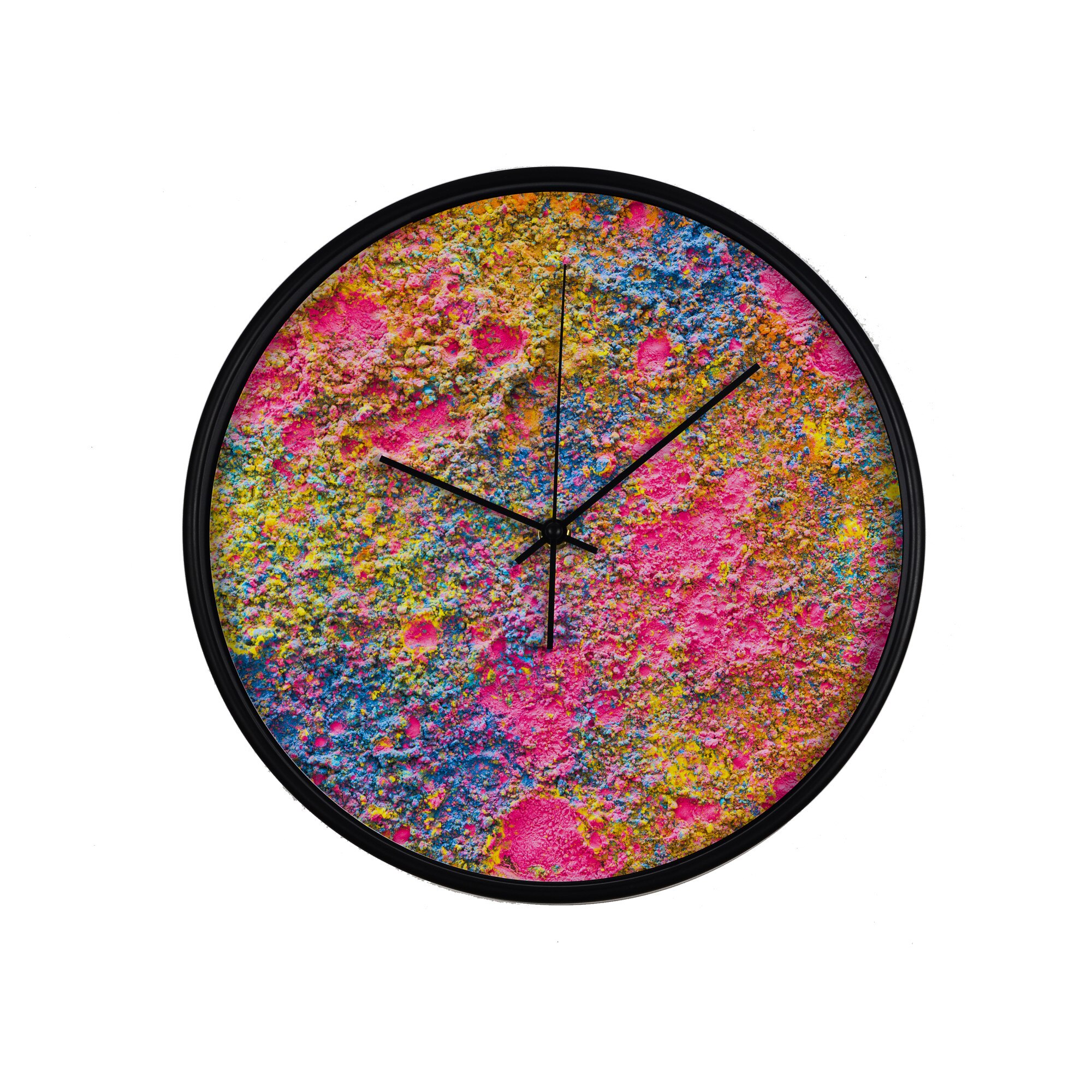 Ceas perete, produs DekoStore, pentru birou, living sau showroom, cu mecanism silentios, Textura de perete multicolor, diametru 30 cm, rama neagra din plastic