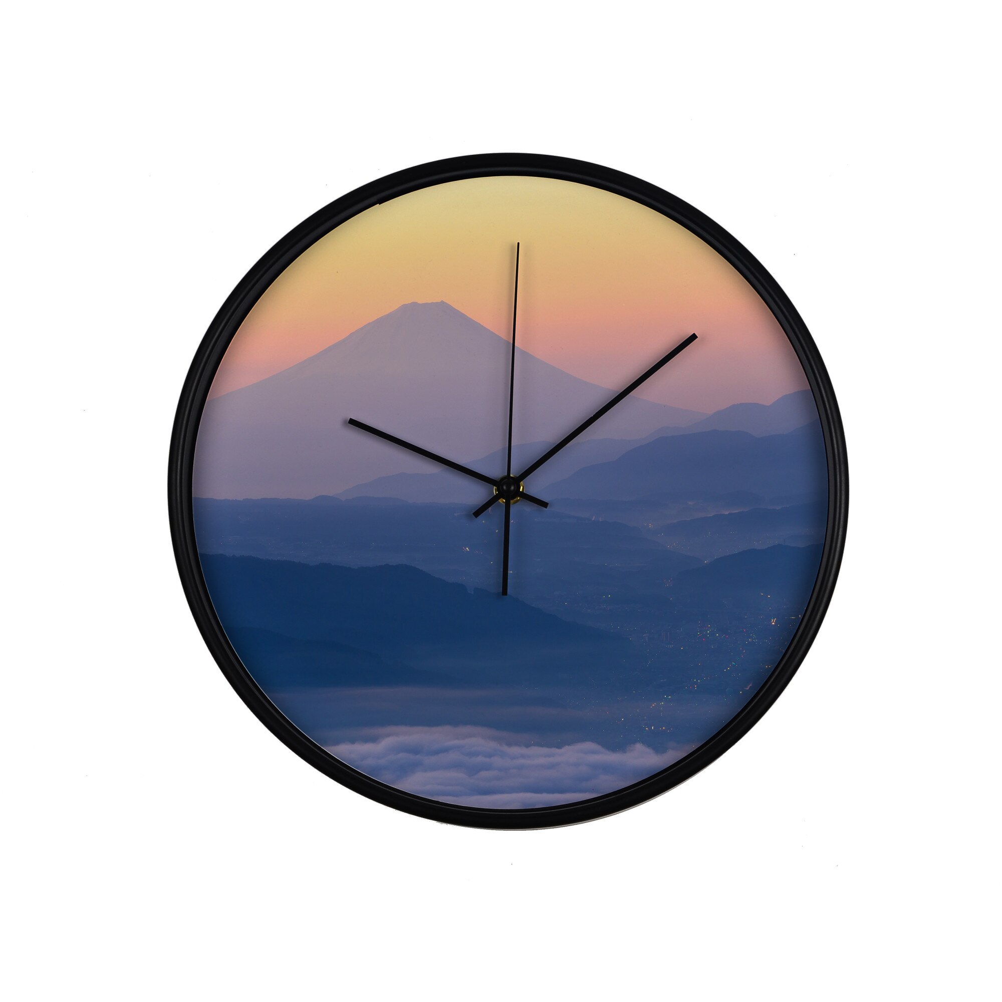 Ceas perete, produs DekoStore, pentru birou, living sau showroom, cu mecanism silentios, Vedere printre nori, catre Muntele Fuji/Japonia, diametru 30 cm, rama neagra din plastic