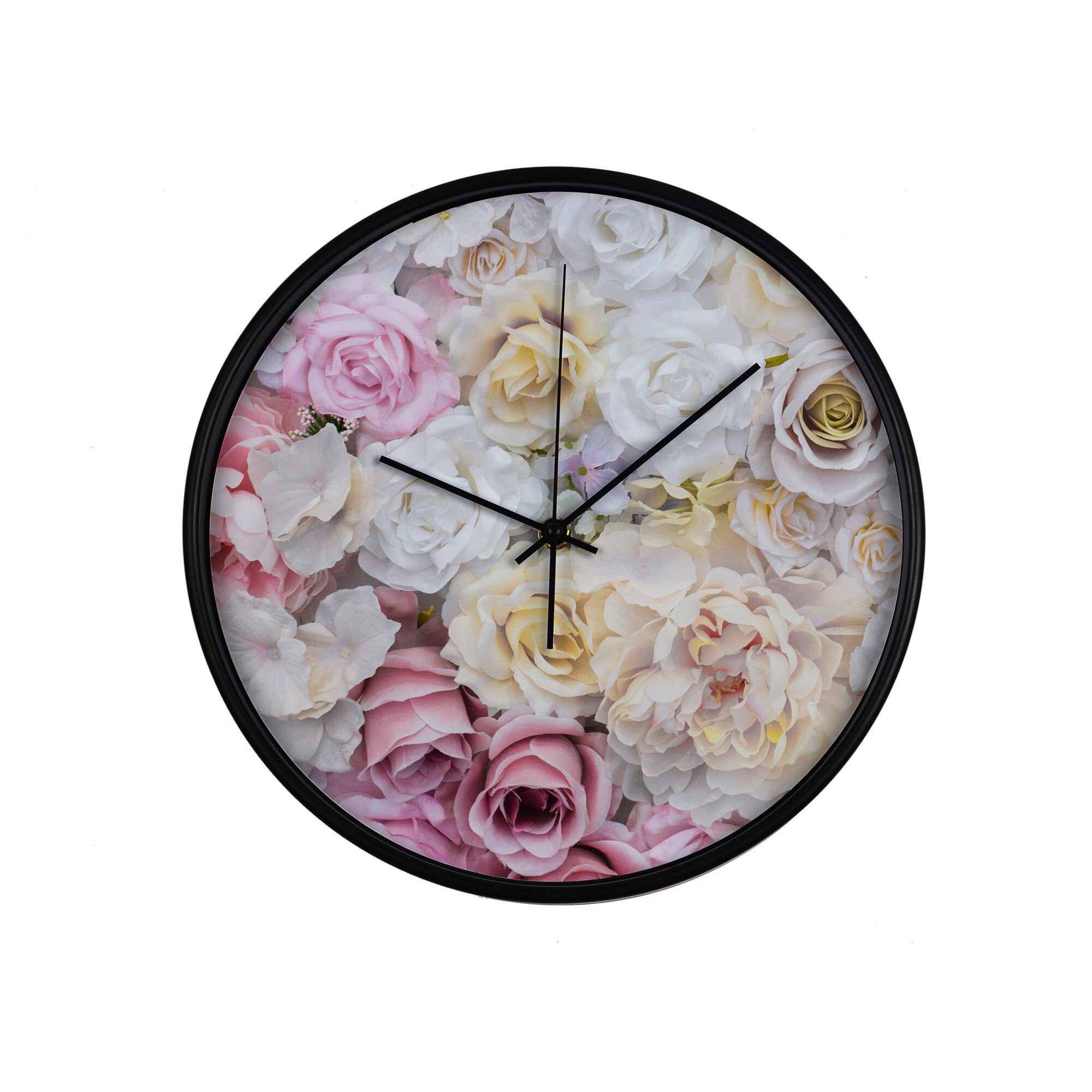 Ceas perete, produs DekoStore, pentru birou, living sau showroom, cu mecanism silentios, Buchet de trandafiri multicolori, diametru 30 cm, rama neagra din plastic
