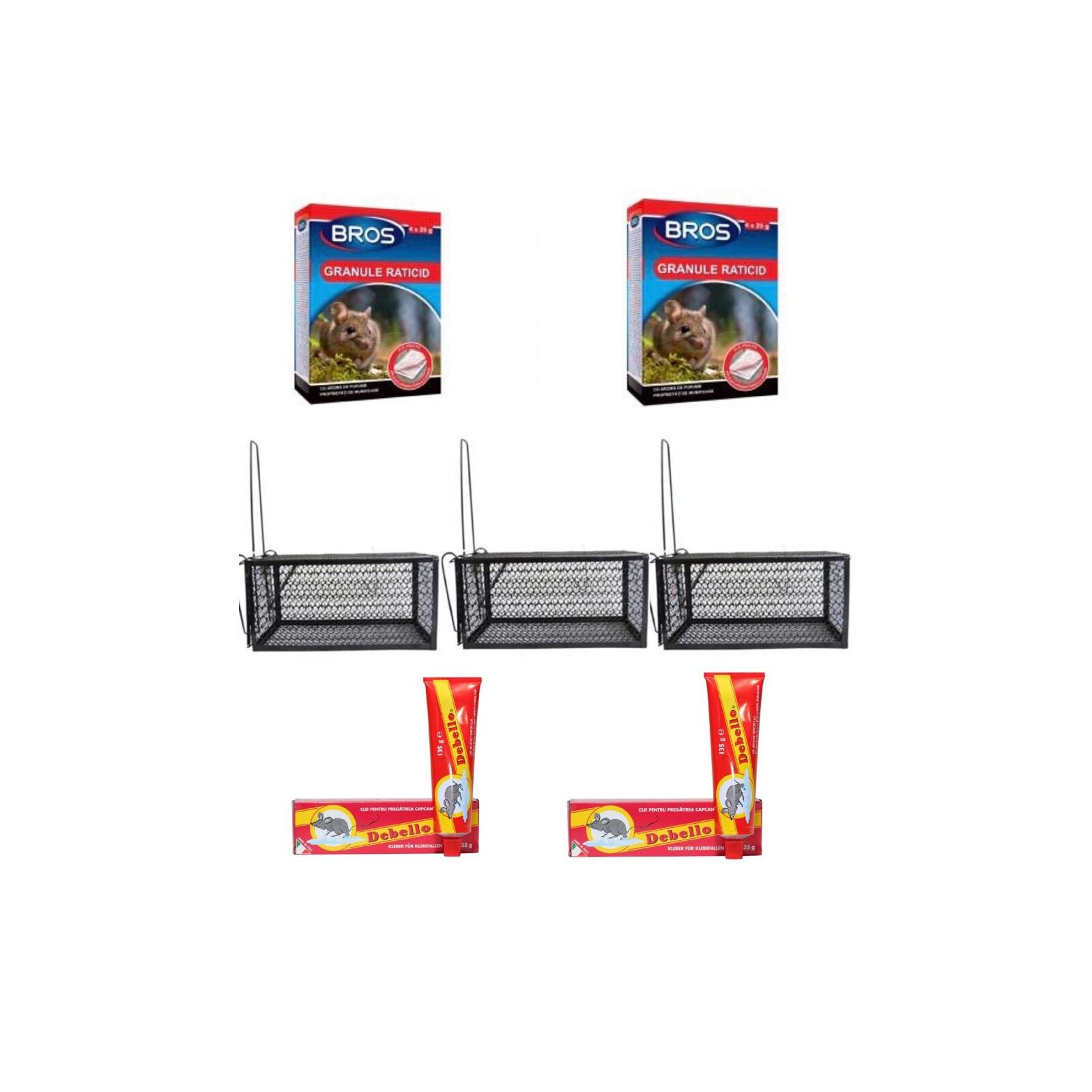 Pachet 3 bucati Cursa sobolani, capcana soareci + 2 bucati Granule raticid pentru sobolani + 2 bucati Lipici pentru soareci si sobolani 135 gr