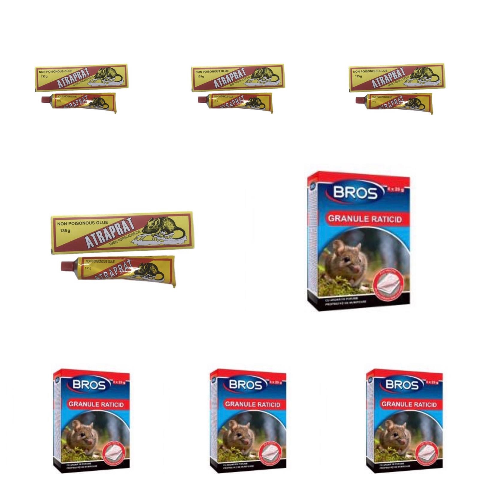 Pachet 4 bucati Lipici pentru soareci, 135gr, Atraprat + 4 bucati Granule Raticid pentru sobolani