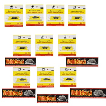 Pachet 10 bucati Capcana cu lipici pentru soareci si insecte, pe carton + 5 bucati Lipici pentru soareci si sobolani, 135 gr Pachet 10 bucati Capcana cu lipici pentru soareci si insecte, pe carton + 5 bucati Lipici pentru soareci si sobolani, 135 gr