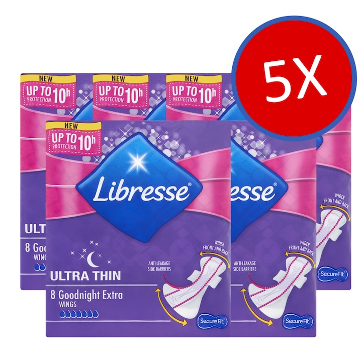 Libresse Ultra Thin Goodnight Extra vékony, szárnyas egészségügyi betét, éjszakai használatra, 5 x 8 darab
