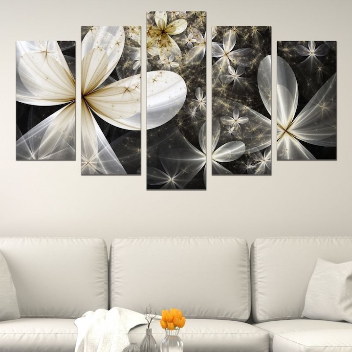 Картина-пано за стена Iwidecor, 5 части,Абстрактни цветя черно-бяло, PVC 5мм., Размер S 108x60 см.