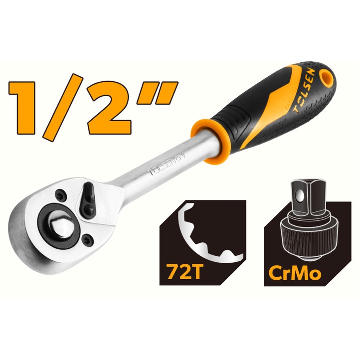Clichet reversibil 1/2", 72 dinti, maner ergonomic 2 componente, Cr-Mo, finisaj mat, Industrial, TOLSEN – pentru lucrari grele si precise