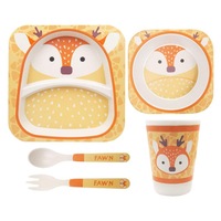 Set de masa si tacamuri pentru copii din fibra de bambus, FizioTab® Kids - Farfurie 2 compartimente, cana, bol, furculita si lingurita, serviciu de masa bebe, set hranire 5 piese, vesela mic dejun, pranz, cina, Caprioara