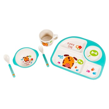 Set de masa si tacamuri pentru copii din fibra de bambus, FizioTab® Kids - Farfurie 4 compartimente, cana, bol, furculita si lingurita, serviciu de masa bebe, set hranire 5 piese, vesela mic dejun, pranz, cina, Catel Set de masa si tacamuri pentru copii din fibra de bambus, FizioTab® Kids - Farfurie 4 compartimente, cana, bol, furculita si lingurita, serviciu de masa bebe, set hranire 5 piese, vesela mic dejun, pranz, cina, Catel