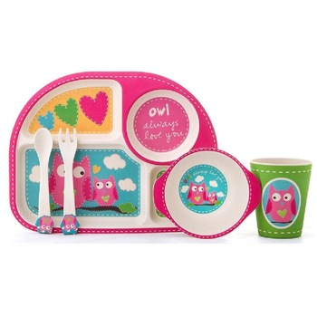 Set de masa si tacamuri pentru copii din fibra de bambus, FizioTab® Kids - Farfurie 4 compartimente, cana, bol, furculita si lingurita, serviciu de masa bebe, set hranire 5 piese, vesela mic dejun, pranz, cina, Bufnita Set de masa si tacamuri pentru copii din fibra de bambus, FizioTab® Kids - Farfurie 4 compartimente, cana, bol, furculita si lingurita, serviciu de masa bebe, set hranire 5 piese, vesela mic dejun, pranz, cina, Bufnita