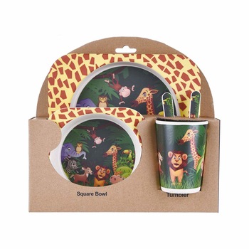 Set de masa si tacamuri pentru copii din fibra de bambus, FizioTab® Kids - Farfurie 2 compartimente, cana, bol, furculita si lingurita, serviciu de masa bebe, set hranire 5 piese, vesela mic dejun, pranz, cina, Animale Set de masa si tacamuri pentru copii din fibra de bambus, FizioTab® Kids - Farfurie 2 compartimente, cana, bol, furculita si lingurita, serviciu de masa bebe, set hranire 5 piese, vesela mic dejun, pranz, cina, Animale
