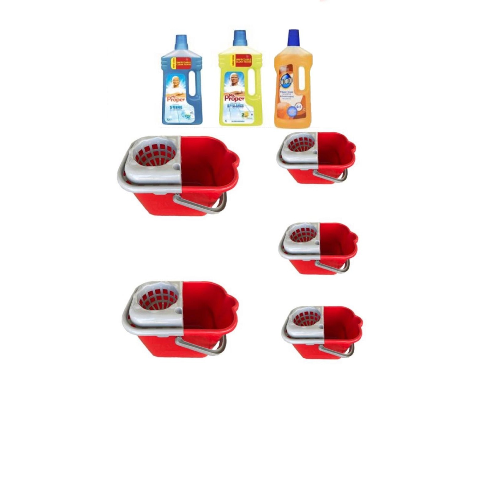 Pachet 5 bucati Galeata pentru mop cu storcator, semiovala, 12l + 2 x Mr. Proper,1l + 1 x Pronto solutie parchet, 750ml