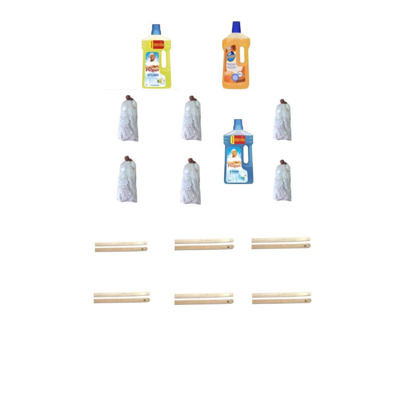 Pachet 6 x Rezerva mop bumbac, 250gr + 6 x Coada lemn natur + 2 x Mr. Proper, 1l + 1 x Pronto solutie pardoseli, 750ml