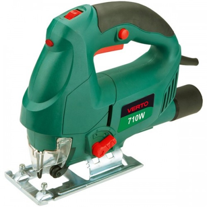 Verto Fűrész, 710 W-os, függőleges, lézerrel, sebesség: 2800 löket / perc, mélység fa 80mm, fém 10mm, állítás 0-45 fok