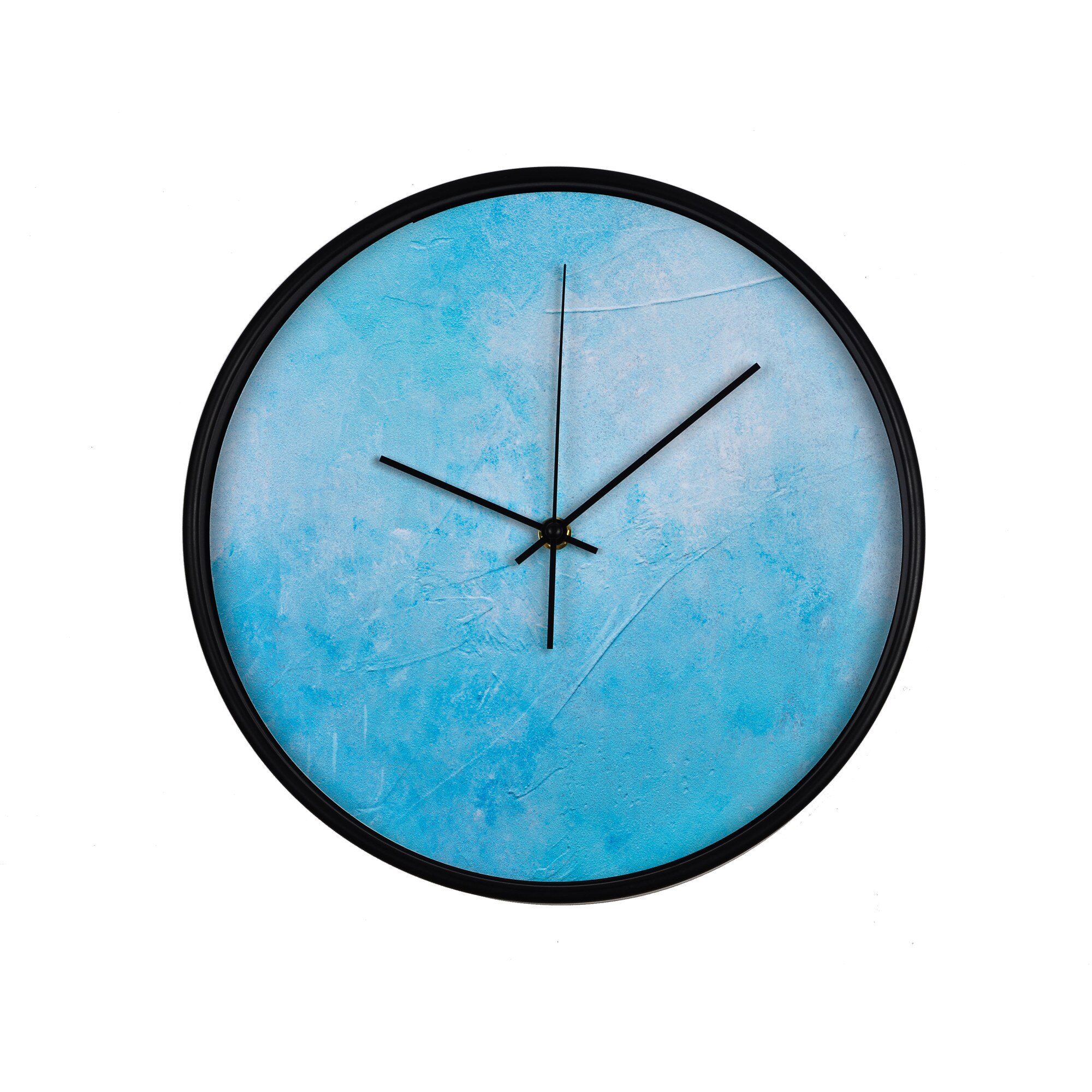 Ceas perete, produs DekoStore, pentru birou, living sau showroom, cu mecanism silentios, Albastru sters, pe perete, diametru 30 cm, rama neagra din plastic