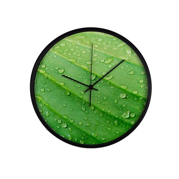 Ceas perete, produs DekoStore, pentru birou, living sau showroom, cu mecanism silentios, Picaturi de ploaie pe o frunza verde, diametru 30 cm, rama neagra din plastic Ceas perete, produs DekoStore, pentru birou, living sau showroom, cu mecanism silentios, Picaturi de ploaie pe o frunza verde, diametru 30 cm, rama neagra din plastic